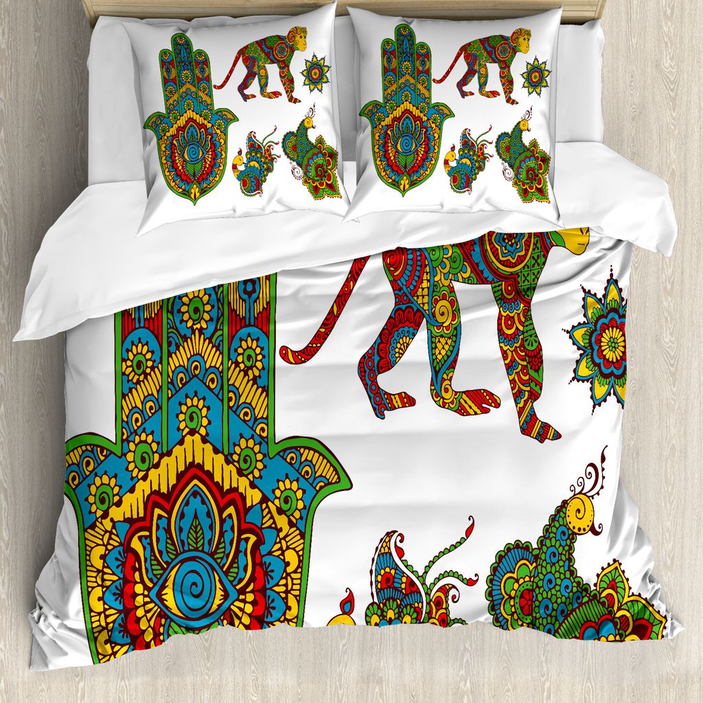 ABAKUHAUS Hamsa Bettbezug, Mehndi Stil, Milbensicher Allergiker geeignet mit Kissenbezügen, 200 cm x 200 cm - 80 x 80 cm, Mehrfarbig