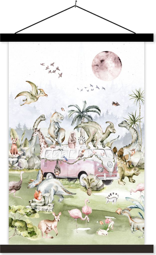MuchoWow Textilposter Dinosaurier - Kinder - Bus - Bäume - Tiere - Kinder 40x60 cm mit schwarzem Rahmen - Wanddekorationen