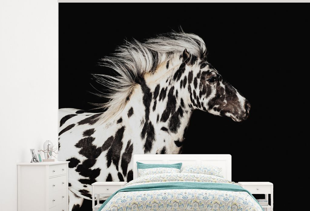 MuchoWow Fototapete für Wohnzimmer oder Schlafzimmer Wandtapete Vinyl Motivtapete Pferd - Dots - Schwarz - 300x240 cm - Fototapeten