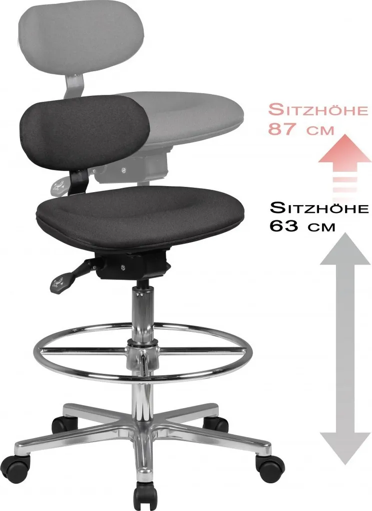 Tabouret de travail réglable LOUISIANA tissu noir avec dossier flexible