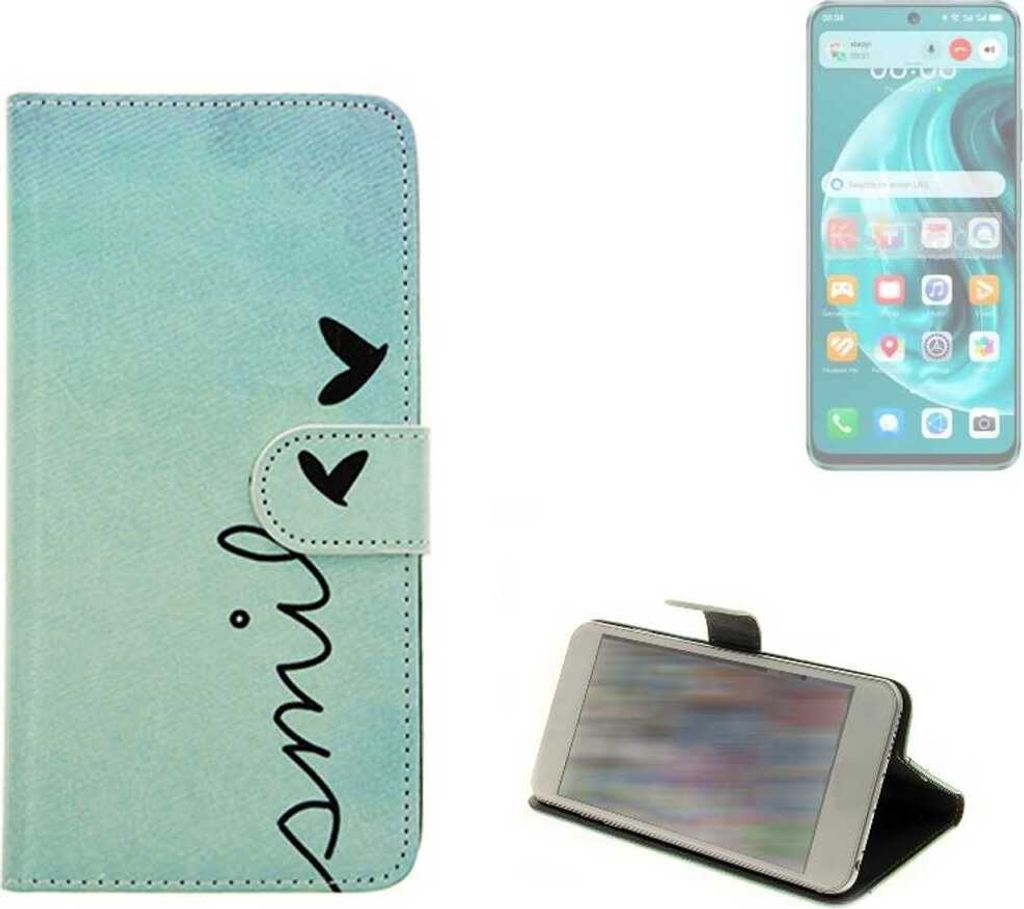 K-S-Trade Schutz Hülle Handy Hülle kompatibel mit Huawei Nova 12i Hülle Handyhülle cover bookstyle Etui Handyhülle “smile“ türkis