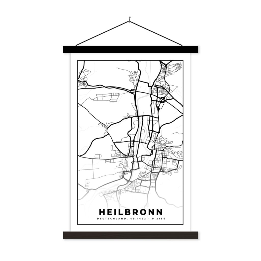 MuchoWow Textilposter Karte - Heilbronn - Stadtplan 40x60 cm mit schwarzem Rahmen - Wanddekorationen
