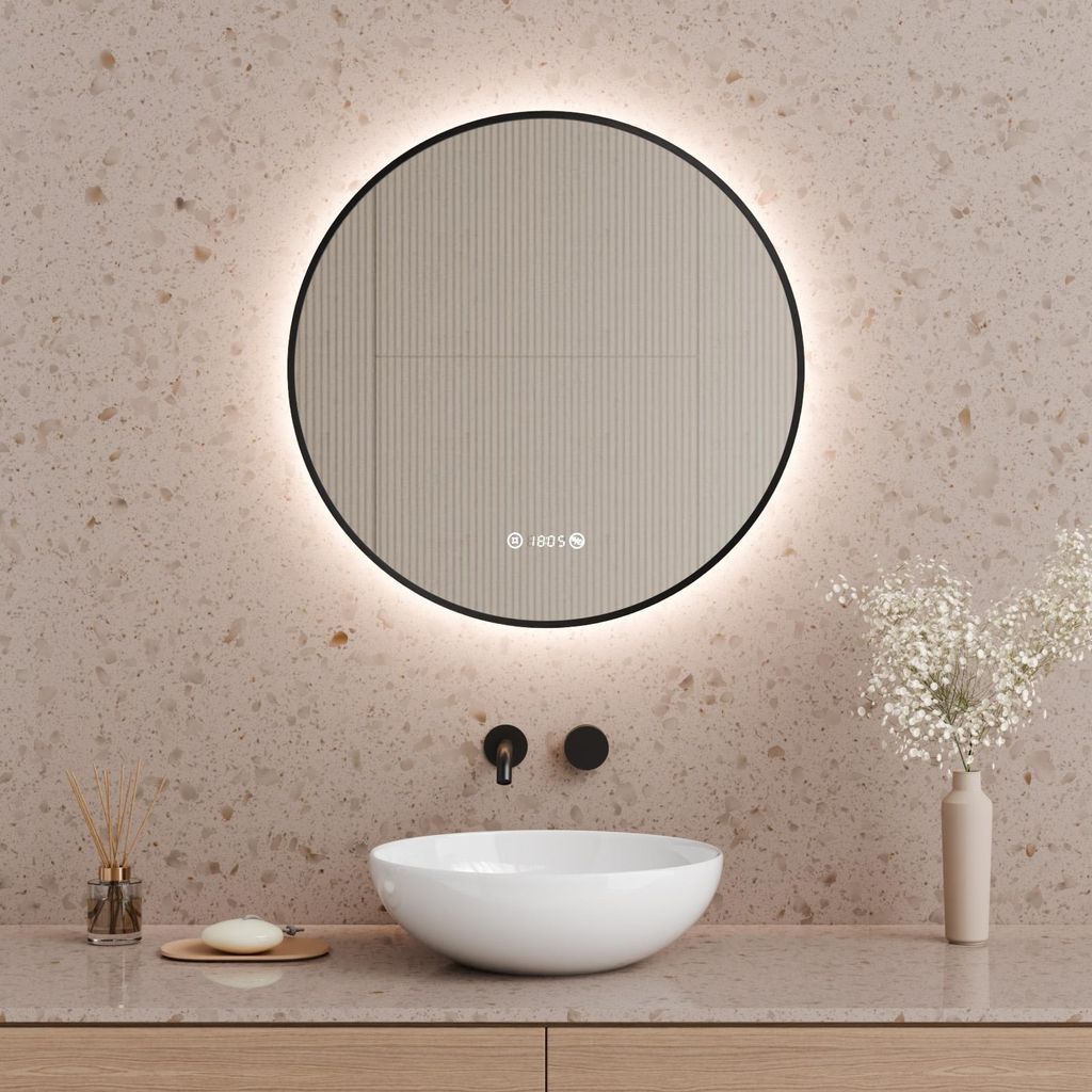S'AFIELINA Badspiegel mit Beleuchtung Rund 60 cm Diameter,LED Badspiegel mit Touch, Beschlagfrei, Dimmbar, Uhr, Temperatur, Speicherfunktion,Schwarzer