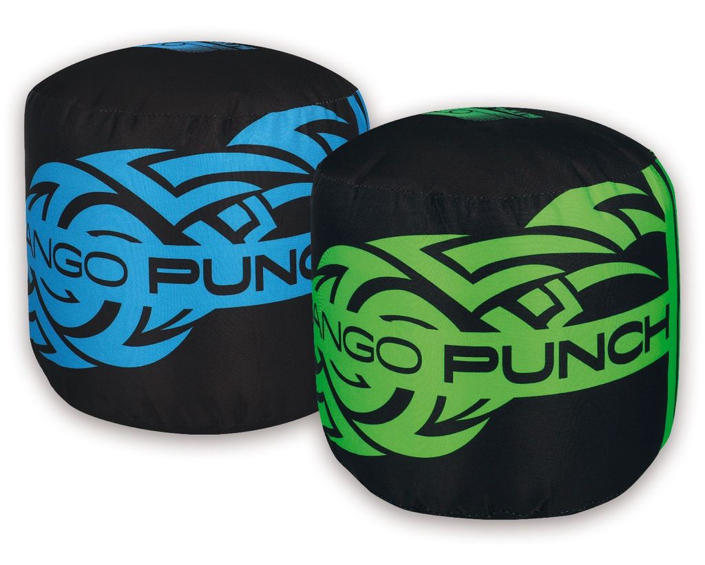 Two punching bags with tribal-like designs and the text "MANGO PUNCH" are shown against a white background.