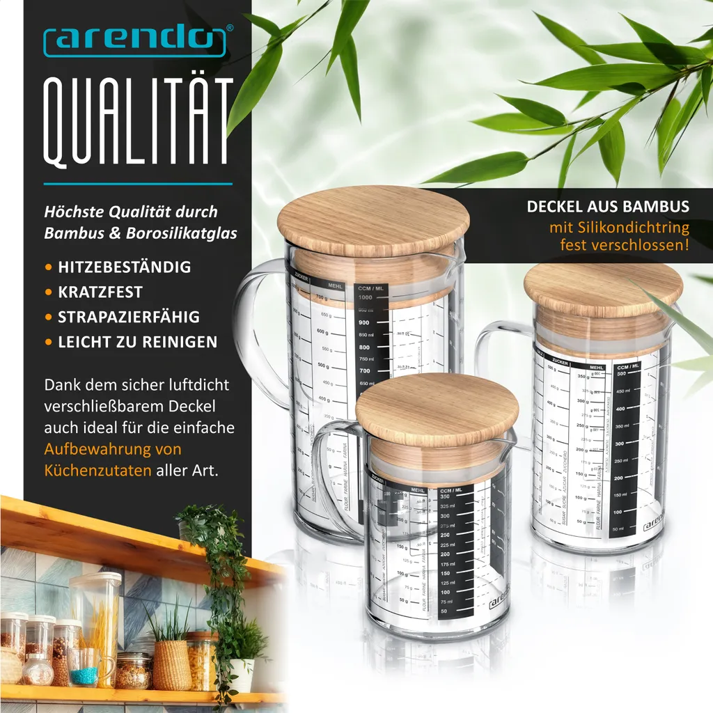 Arendo - Set di caraffe in vetro - misure 350ml, 500ml, 1000ml (0,35l 0,5l 1l) - caraffa dosatrice in vetro - vetro borosilicato - scala precisa - resistente al calore - contenitore in vetro con coperchio in bambù - guarnizione in silicone - 4