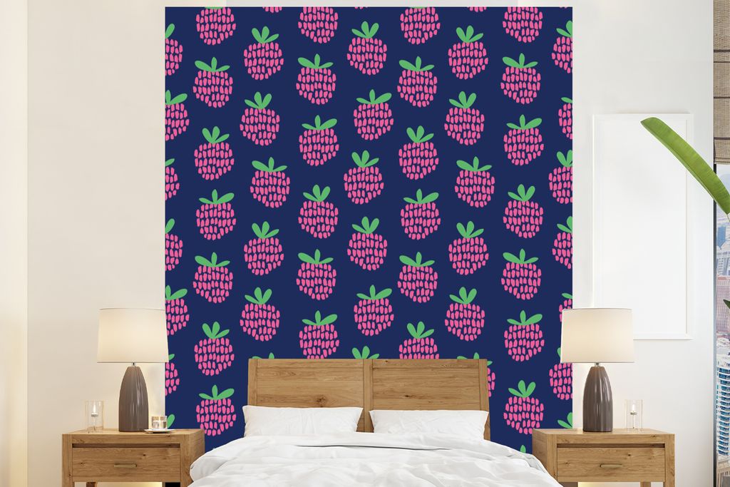 MuchoWow Fototapete für Wohnzimmer oder Schlafzimmer Wandtapete Vinyl Motivtapete Muster - Himbeere - Retro - 195x240 cm - Gemusterte