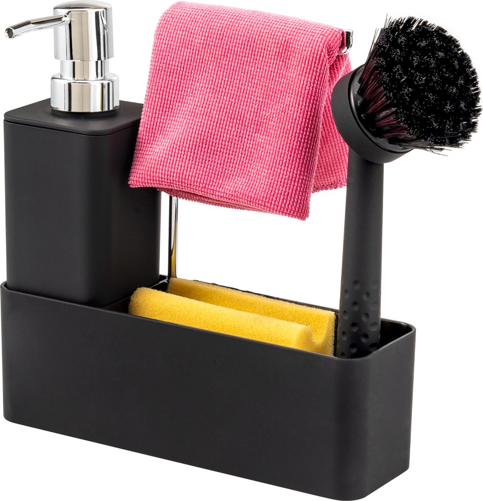 eluno Spülbecken-Set eckig, mit Soft-Touch-Gummierung, Spülutensilienhalter, inkl. Seifenspender 350ml, Spülbürste und drehbarem Tuchhalter, mi...