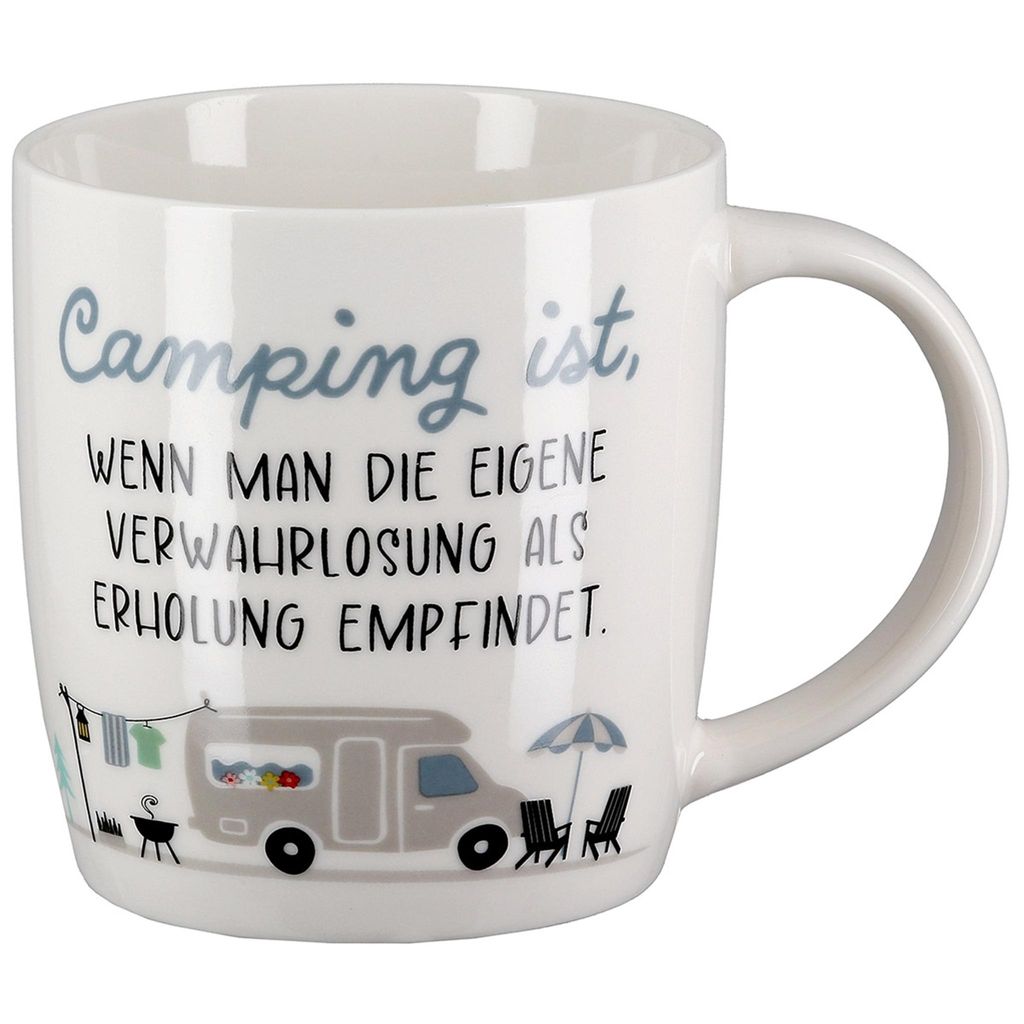 Gilde - 62727 - Kaffeebecher, Tasse, Mit Spruch: Camping ist, ..., Porzellan, 8,5cm x 12cm x 9cm, 380ml