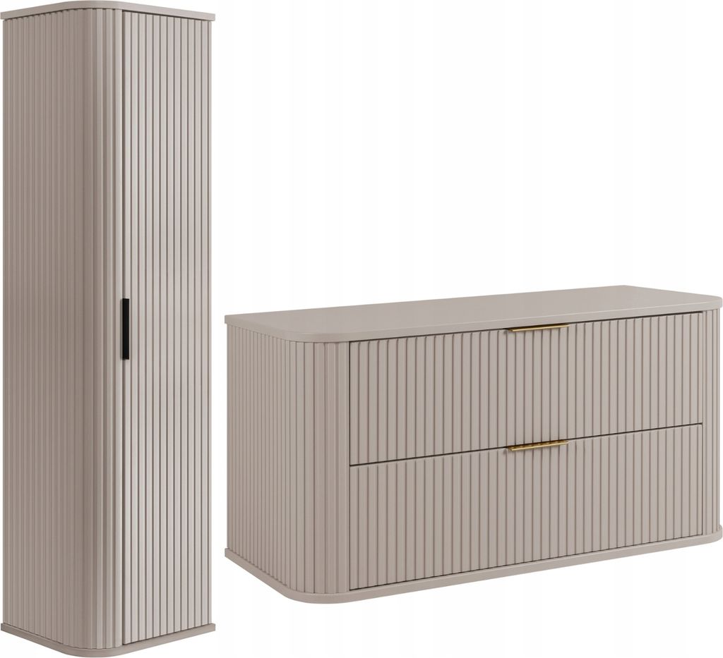 RODAN | Badmöbel Set - 100,4 cm - 2-teilig - Beige - Hochwertige MDF Fronten - Badezimmermöbel - Hochschrank - Waschbeckenunterschränke