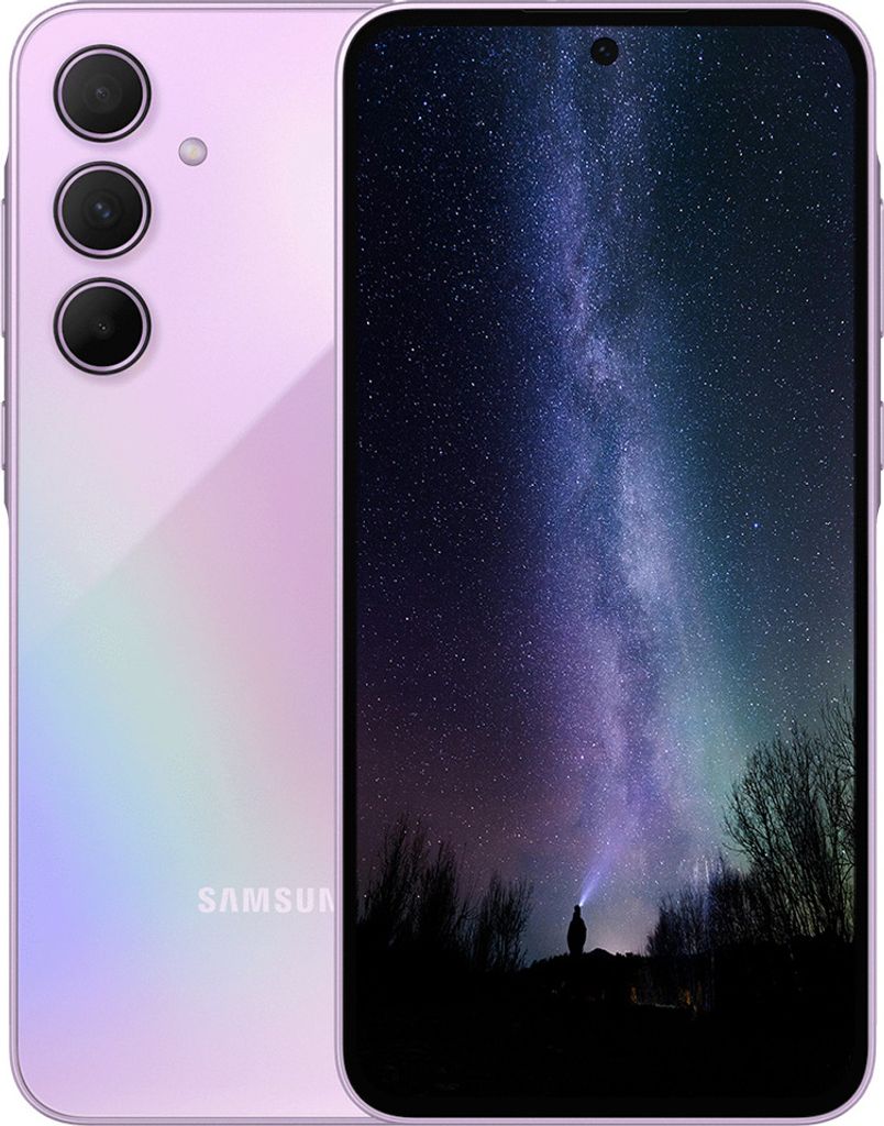 A Samsung Galaxy A35 5G smartphone in Awesome Lilac, shown from the back and side, with the screen displaying a starry night sky.