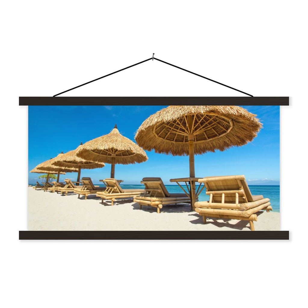 MuchoWow Textilposter Strandkorb - Strand - Sonnenschirm - Meer - Sommer 150x75 cm mit schwarzem Rahmen - Posterleiste