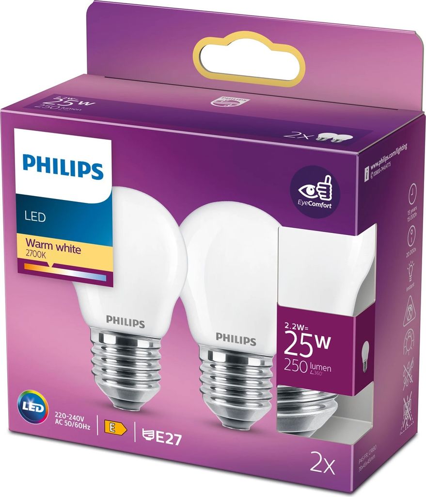 Philips Filament Kerzenlampe matt 25W P45 E27 x2 Produktbild 