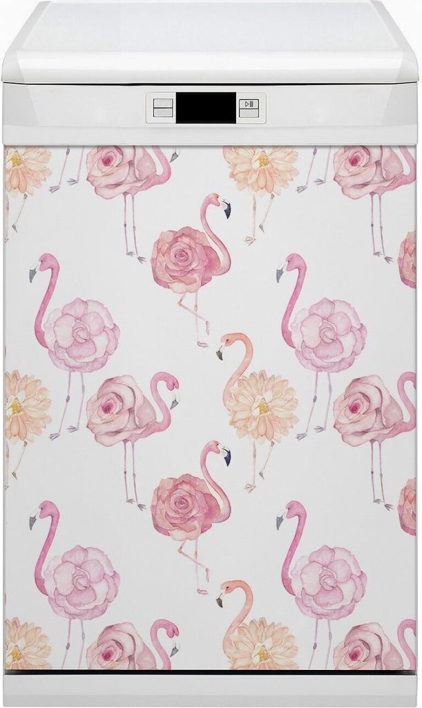 Dekorative Magnetmatte Küche Geschirrspüle 45x80 cm Magnet für Spülmaschine - Flamingos Blumen