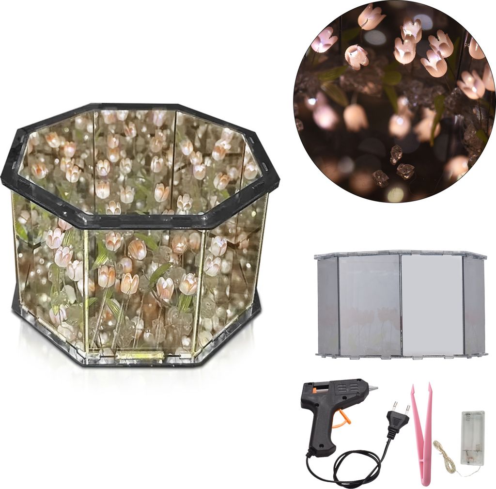 DIY-Tulpenlampe, 2-in-1, achteckiges Spiegelblumen-Nachtlicht, unvollendete handgefertigte dekorative Lampe fuer Schlafzimmer, Wohnzimmer, Schreibt...