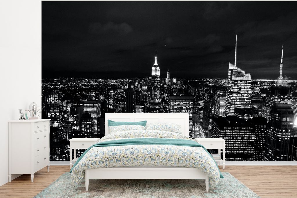 MuchoWow Fototapete für Wohnzimmer oder Schlafzimmer Wandtapete Vinyl Motivtapete Skyline - Schwarz - Weiß - New York - Amerika - 295x220 cm - ...