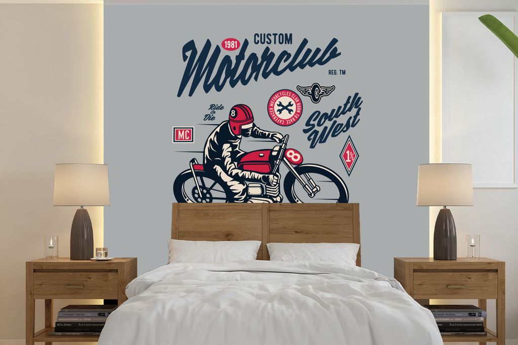 MuchoWow Fototapete für Wohnzimmer oder Schlafzimmer Wandtapete Vinyl Motivtapete Motorrad - Helm - Vintage - Zeichnung - 240x240 cm - Schlafzim...