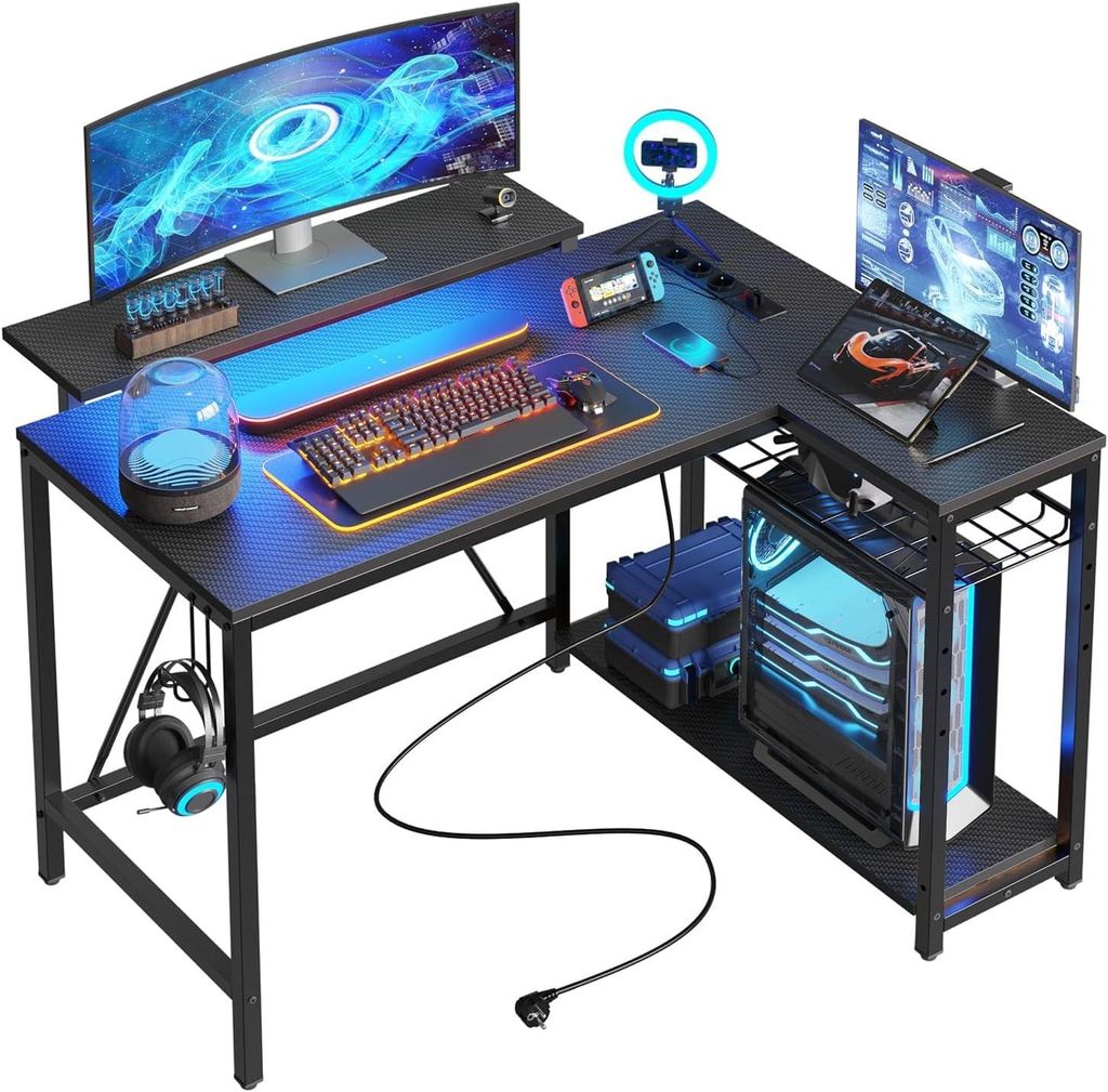 Bestier Gaming-Eckschreibtisch L-Form 106,5 cm - Schreibtisch mit LED-Beleuchtung - Computertisch - mit Regal und Aufbewahrung Schwarz