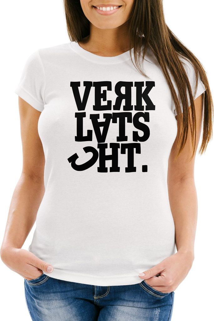 Damen T-Shirt Spruch Verklatscht Fun-Shirt Party Festival Techno Rave Oberteil Slim Fit Moonworks weiß L