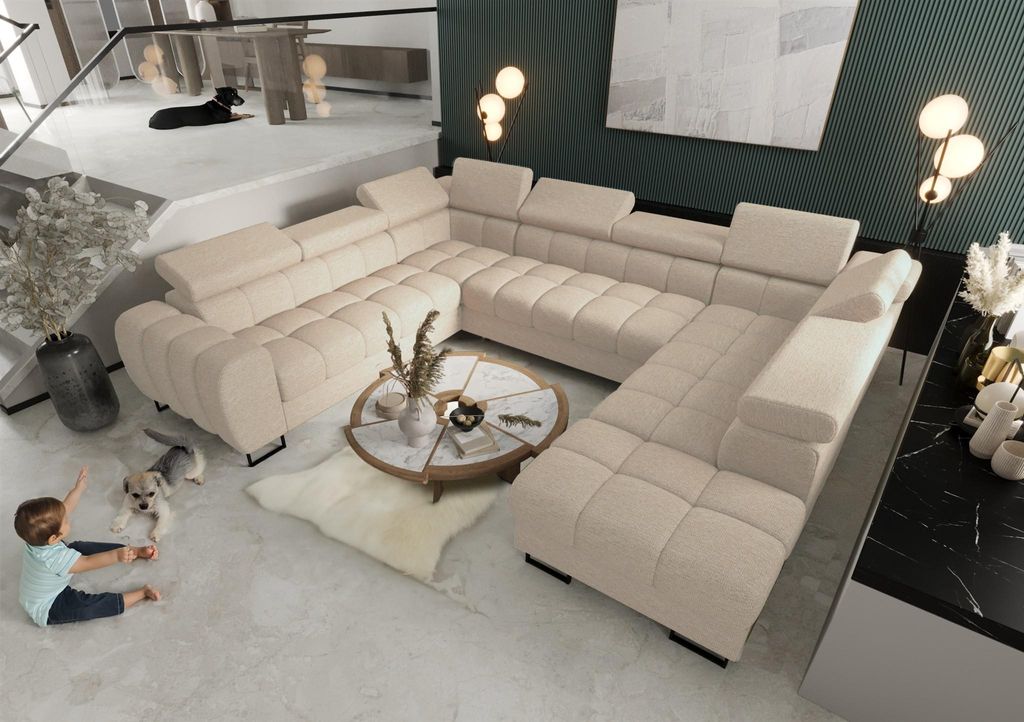 Wohnlandschaft Schlafsofa BASTIEN XL in Stoff Aragon Creme Ottomane Rechts