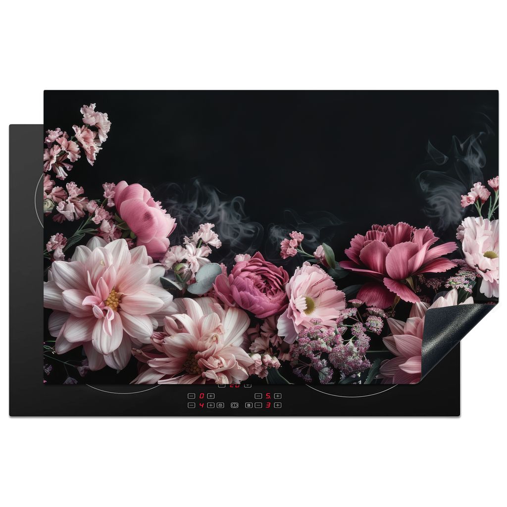 KitchenYeah Herdabdeckplatte Blumen - Rosa - Natur - Schwarz , 81x52cm, Küche Deko, Glaskeramikkochfeld Herdabdeckung, Abdeckplatte fùr Kochfeld