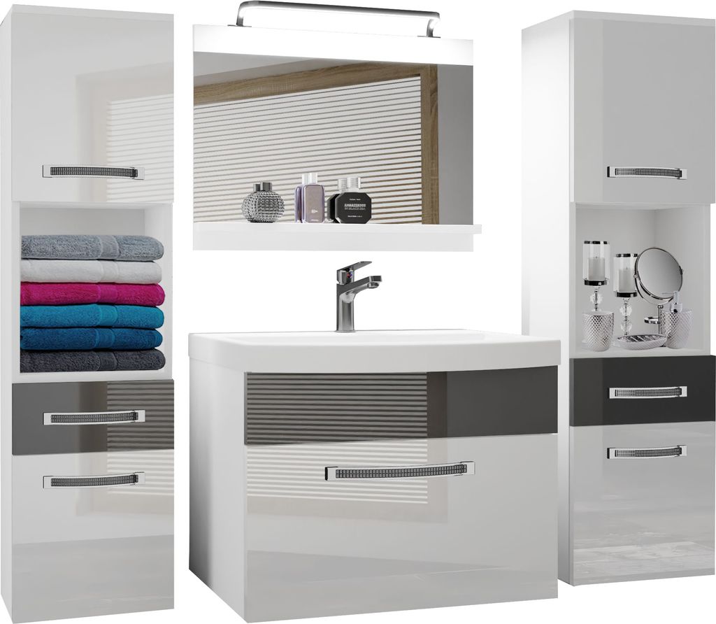 BELINI Badmöbel Vollausstattung Set Waschbeckenschrank, 2x Hochschrank, Waschbecken, Spiegel, Lampe (Weiß/ Silber, Glänzend)