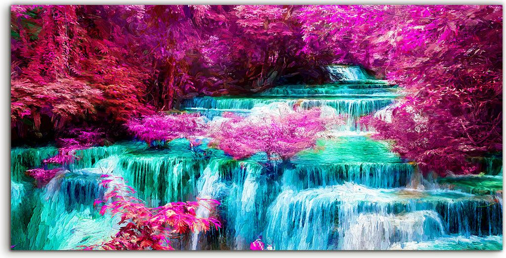 Coloray Acrylbild 100x50 Wandbild Acrylbilder Foto Bild Malerei Bäume Wasserfall