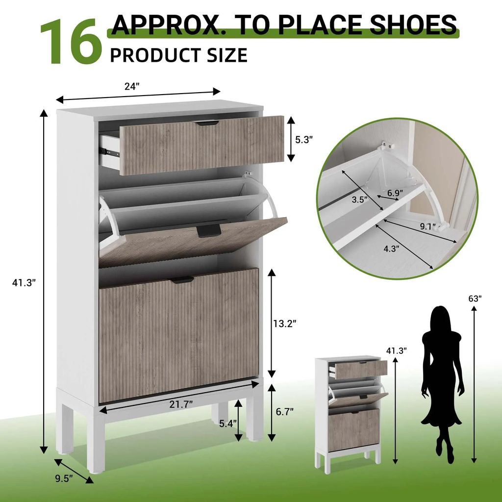 Schmaler Schuhschrank - Schuhregal mit Klappen - 3 Klappfächer - Holz - Freistehend - Flurmöbel - 61x24x105 cm - Grau Weiß