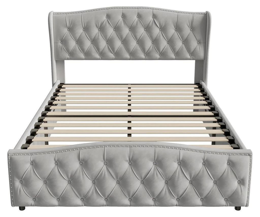 Doppelbett - Bettgestell 160x200 cm - Bett mit hydraulischem Stauraum - Holz, Lattenrost, gepolstertes Kopfteil - Grau