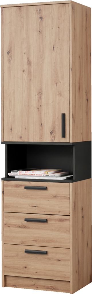 DESIGN MÖBEL Gustavo 06 – Regal 52x195x40 cm mit 3 Schubladen, Kleiderstange & abschließbarem Schrank, Soft-Close, Artisan Eiche