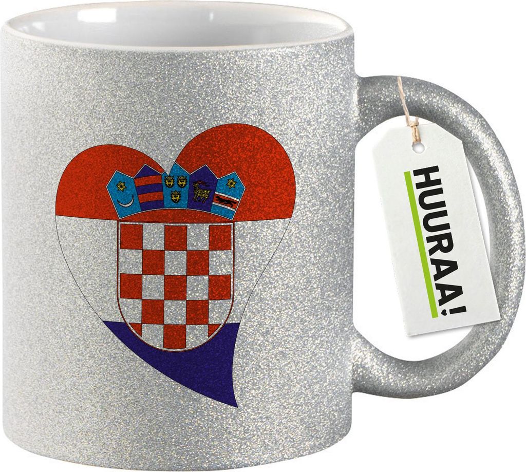 Huuraa Glitzertasse Kroatien Flagge Herz 330ml Silber Keramik Kaffeebecher Geschenkidee
