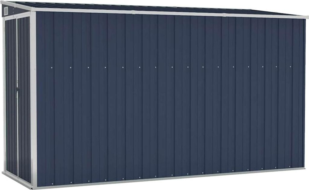 A dark blue metal shed with silver trim, shown from the front.