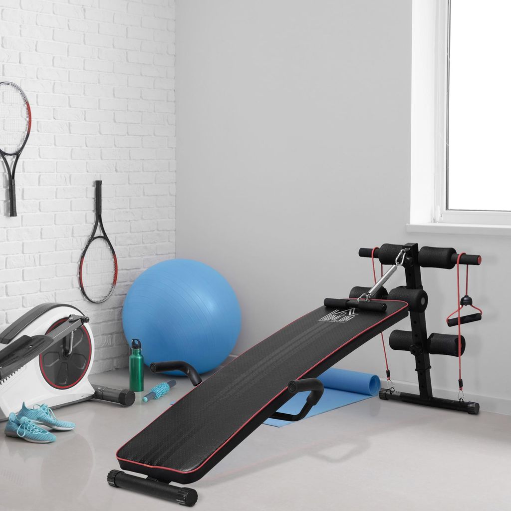 Sit-Up-Bank höhenverstellbar, Multifunktion Trainingsbank Hantelbank, mit Beinfixierung, Schwarz-Rot | 137,5 x 55,5 x 50–68 cm | Stahl, EVA