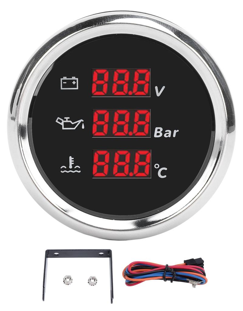 52 mm Spannung, Öldruck, Wassertemperaturanzeige, rote Hintergrundbeleuchtung, wasserdichtes digitales Voltmeter für Boot, Yacht, Wohnmobil, 9 bi...