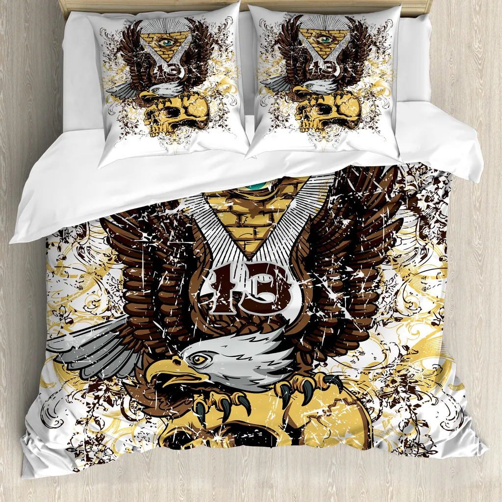 ABAKUHAUS Copripiumino con tatuaggi, aquila americana su teschio, antiacaro, adatto a chi soffre di allergie, con federe, 155 cm x 220 cm - 80 x 80 cm, marrone e bianco
