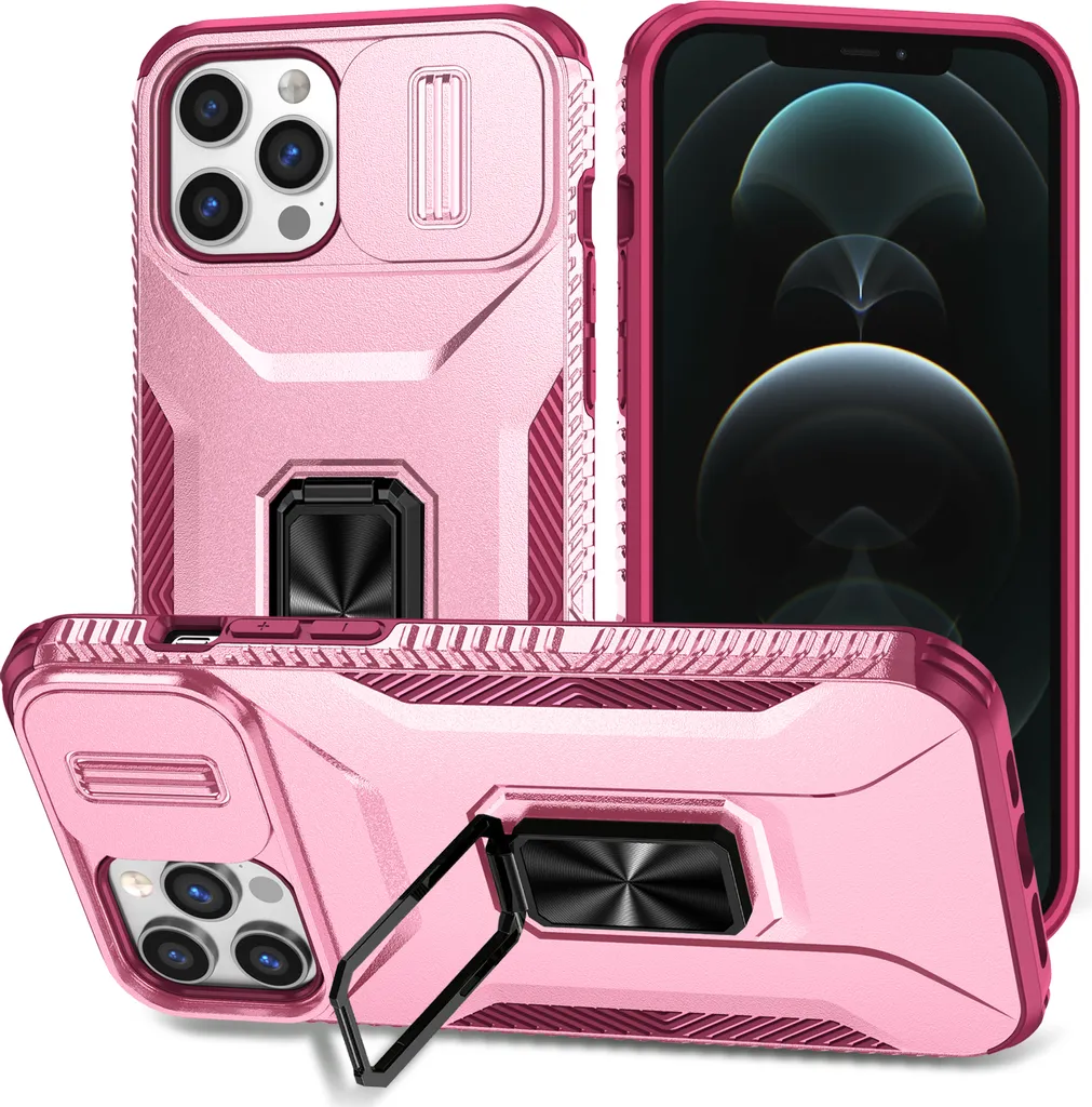 Custodia iPhone 11 Pro a doppio strato Custodia di protezione militare con protezione scorrevole per la fotocamera e supporto ad anello/supporto rosa
