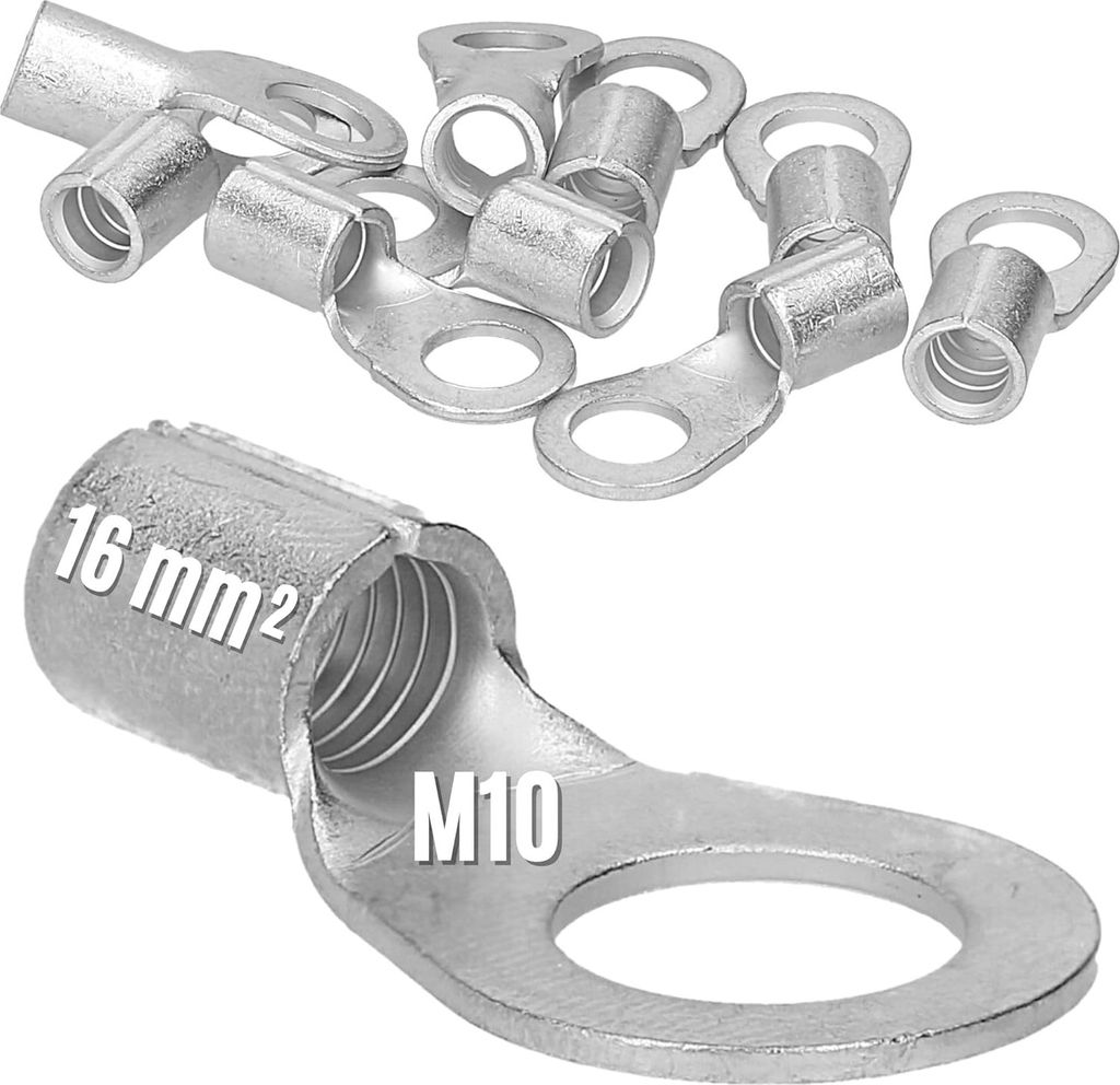 10 Stück Kalitec Q16-10 Quetschkabelschuh 16mm² M10 I Unisoliert I Dornpressung I Für mehr-, fein- und feinstdrähtige Leiter I Kabelschuh 16mm...