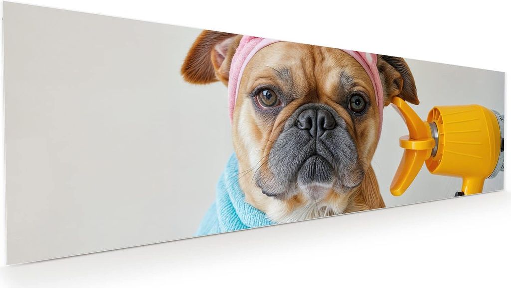 Glasbild 120x40cm in XXL für Wohnzimmer, Schlafzimmer Motiv Hund mit Badehandtuch