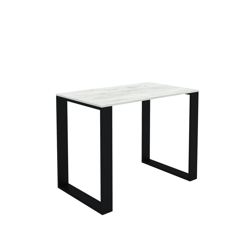 A product shot of a table with a marble-like top and black legs, isolated on a white background.