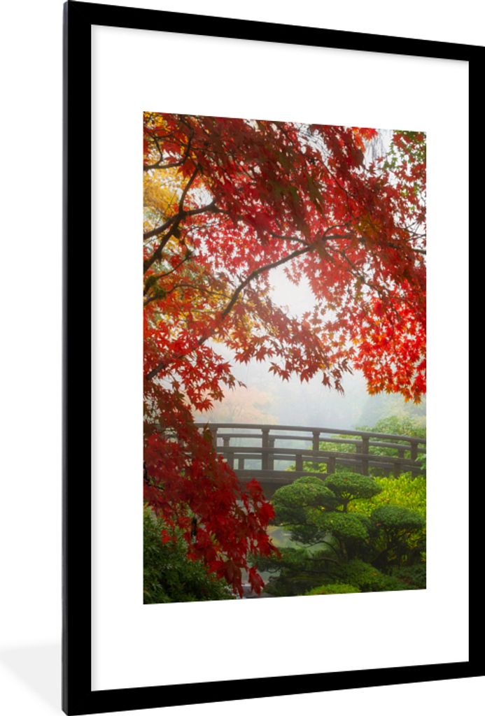 MuchoWow Gerahmtes Poster Japanischer Ahorn - Bäume - Brücke - Natur - Japanisch 60x90 cm - Poster mit Schwarzem Bilderrahmen Wandposter Rahmen...