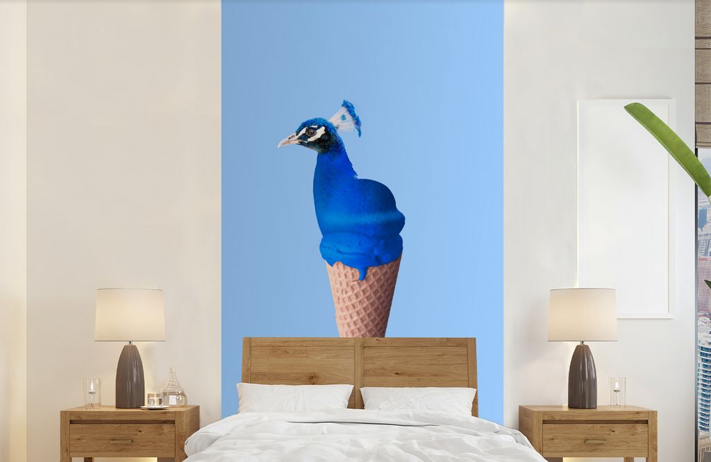 MuchoWow Fototapete für Wohnzimmer oder Schlafzimmer Wandtapete Vinyl Motivtapete Pfau - Eistüten - Eiscreme - Blau - Vogel - 120x240 cm - Hint...
