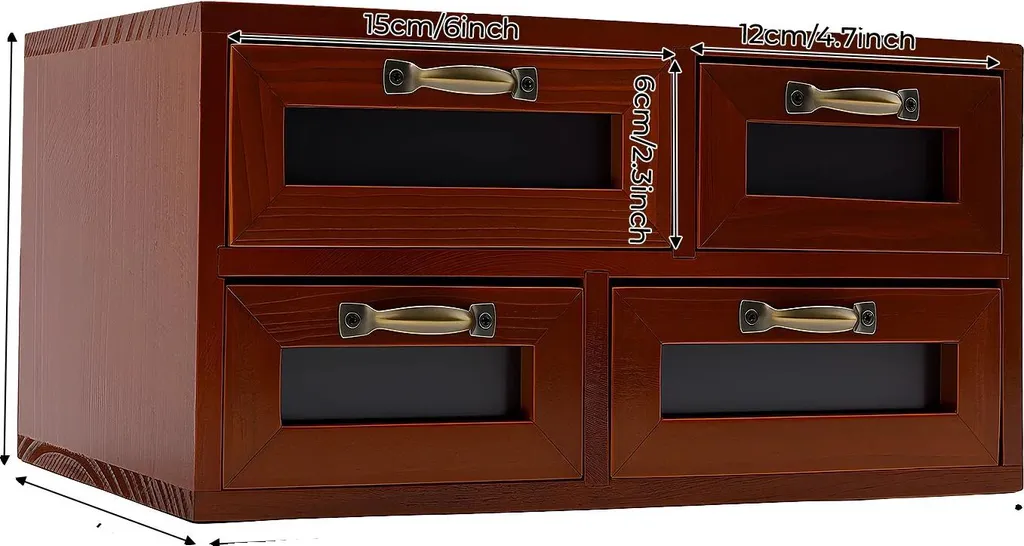 Organiseur de bureau 4 tiroirs brun foncé style rétro bois - 35x15cm