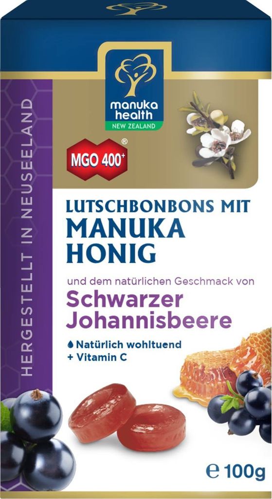 Manuka Health Mgo 400+ Lutschbonb.schw.Johannisb. 100 g
