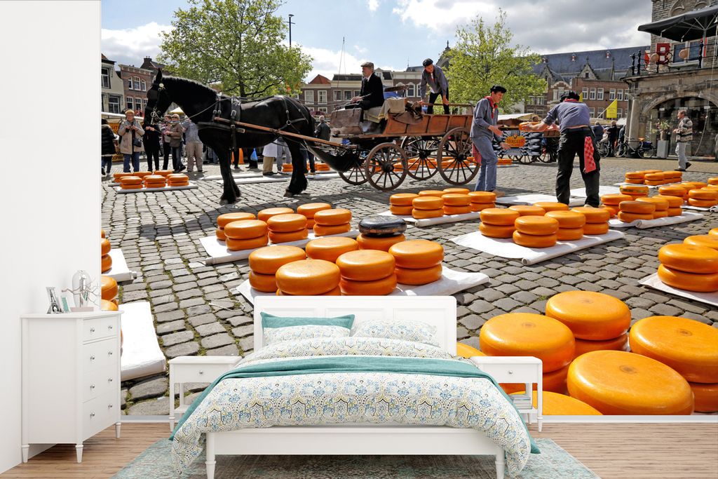 MuchoWow Fototapete für Wohnzimmer oder Schlafzimmer Wandtapete Vinyl Motivtapete Markt - Käse - Gouda - 450x300 cm - Gemusterte