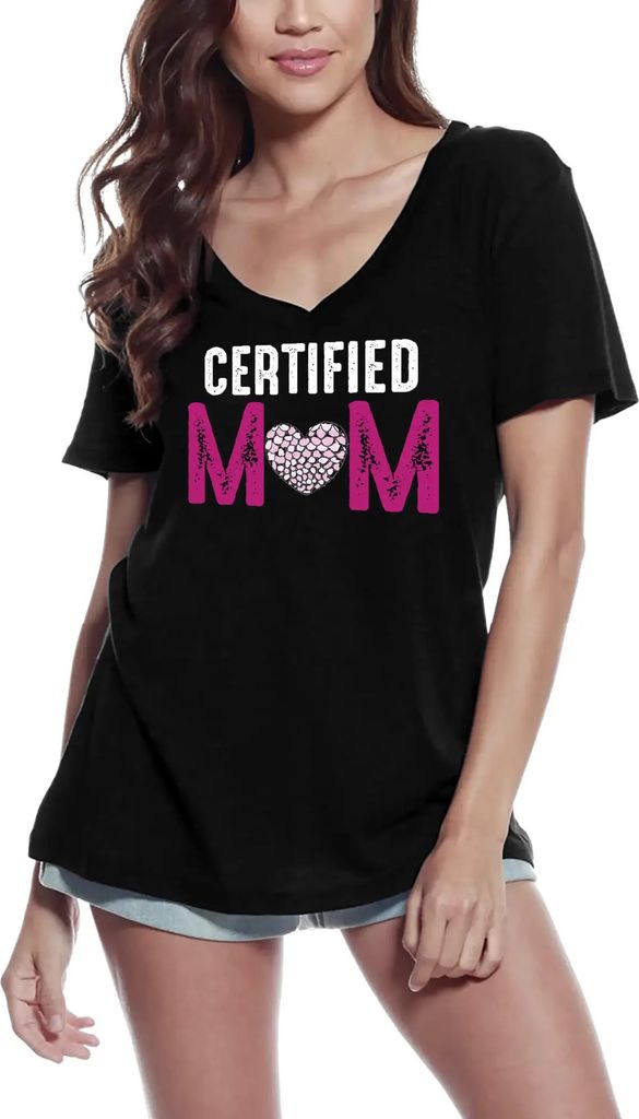 Damen Grafik T-Shirt V-Ausschnitt e Mutter - Herz – Certified Mom - Heart – Öko-Verantwortlich Vintage Jahrgang Kurzarm Lustige Druck