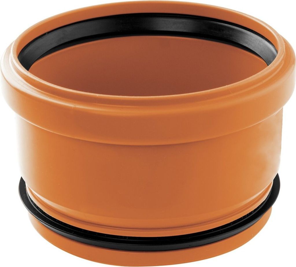 A close-up studio shot of a single orange pipe fitting with black rubber seals.