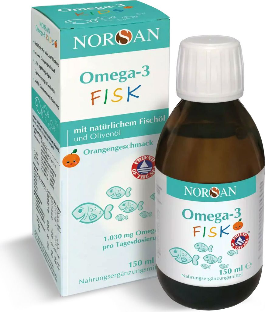 A bottle of Norsan Omega-3 Fisk liquid supplement and its packaging are shown against a white background.