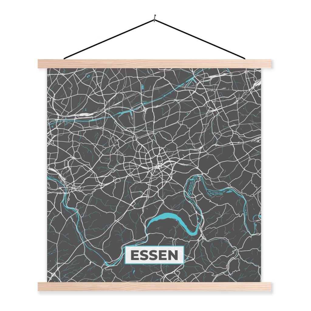 MuchoWow Textilposter Karte - Essen - Blau - Stadtplan - Deutschland 120x120 cm mit holzfarbenen Rahmen - Textil-Poster