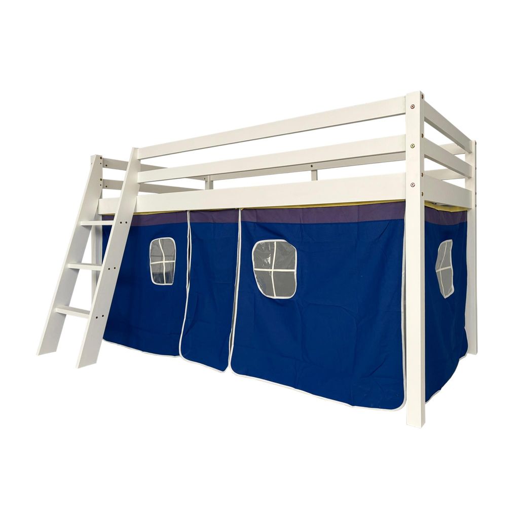 Kinder Hochbett mit Zelt (ohne Matratze) 90x190 cm , Raumfahrt-Design aus weissem Kiefernholz, Spielbett mit Baumwollzelt, Schutzgelaender und Leiter