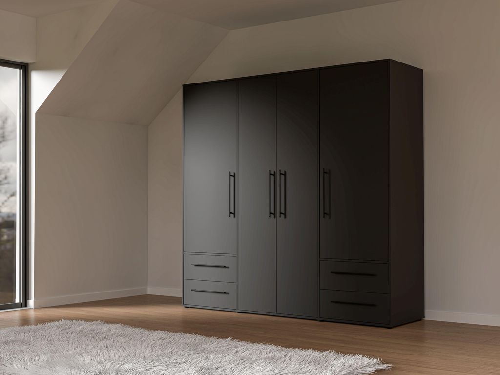 Drehtürenschrank VALGA, 4-türig, Schwarz, mit 5 Fachböden und 1 Kleiderstange