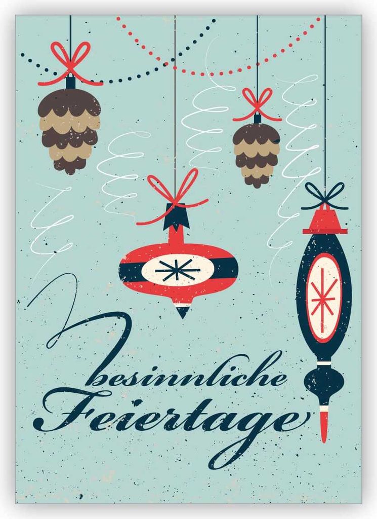 4x Nette Vintage Retro Weihnachtskarte, hellblau, mit Weihnachtsbaum Schmuck: besinnliche Feiertage